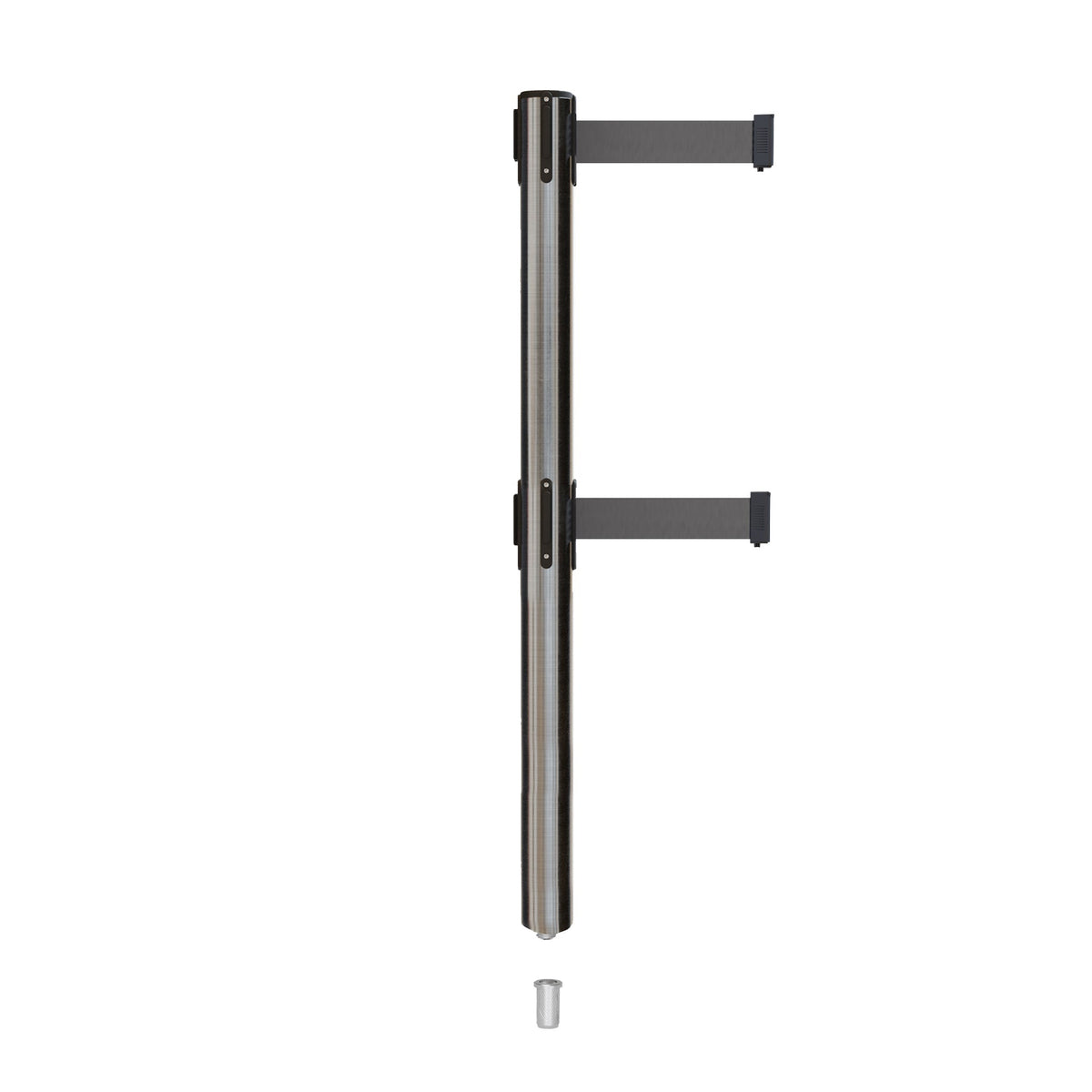 Retractable Dual Belt Barrier Stanchion, Mini Socket Base, Satin Stainless Steel Post, 9 ft Belt - Montour Line MX630DSK - Crowd Control Warehouse
