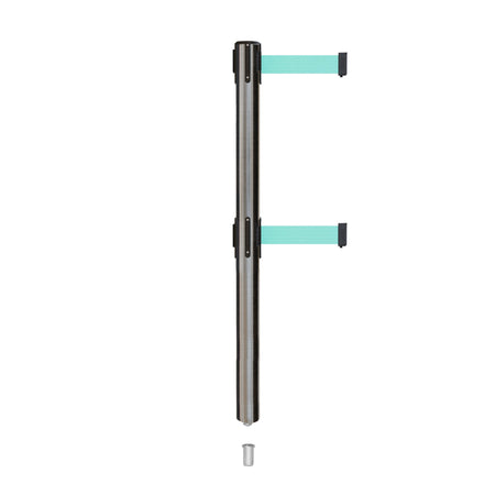 Retractable Dual Belt Barrier Stanchion, Mini Socket Base, Satin Stainless Steel Post, 9 ft Belt - Montour Line MX630DSK - Crowd Control Warehouse
