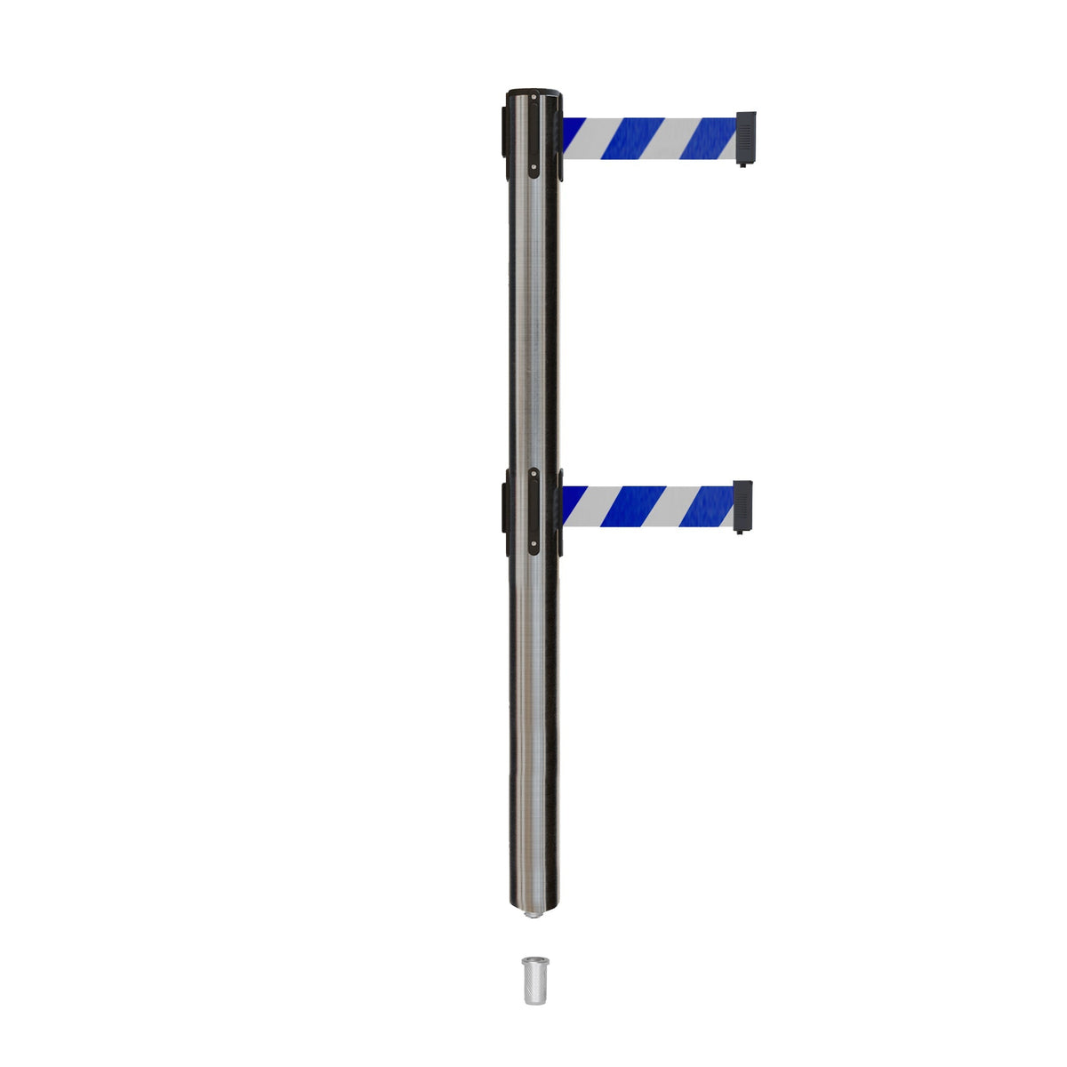 Retractable Dual Belt Barrier Stanchion, Mini Socket Base, Satin Stainless Steel Post, 9 ft Belt - Montour Line MX630DSK - Crowd Control Warehouse