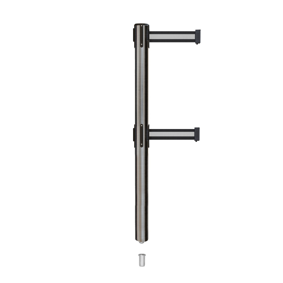 Retractable Dual Belt Barrier Stanchion, Mini Socket Base, Satin Stainless Steel Post, 9 ft Belt - Montour Line MX630DSK - Crowd Control Warehouse