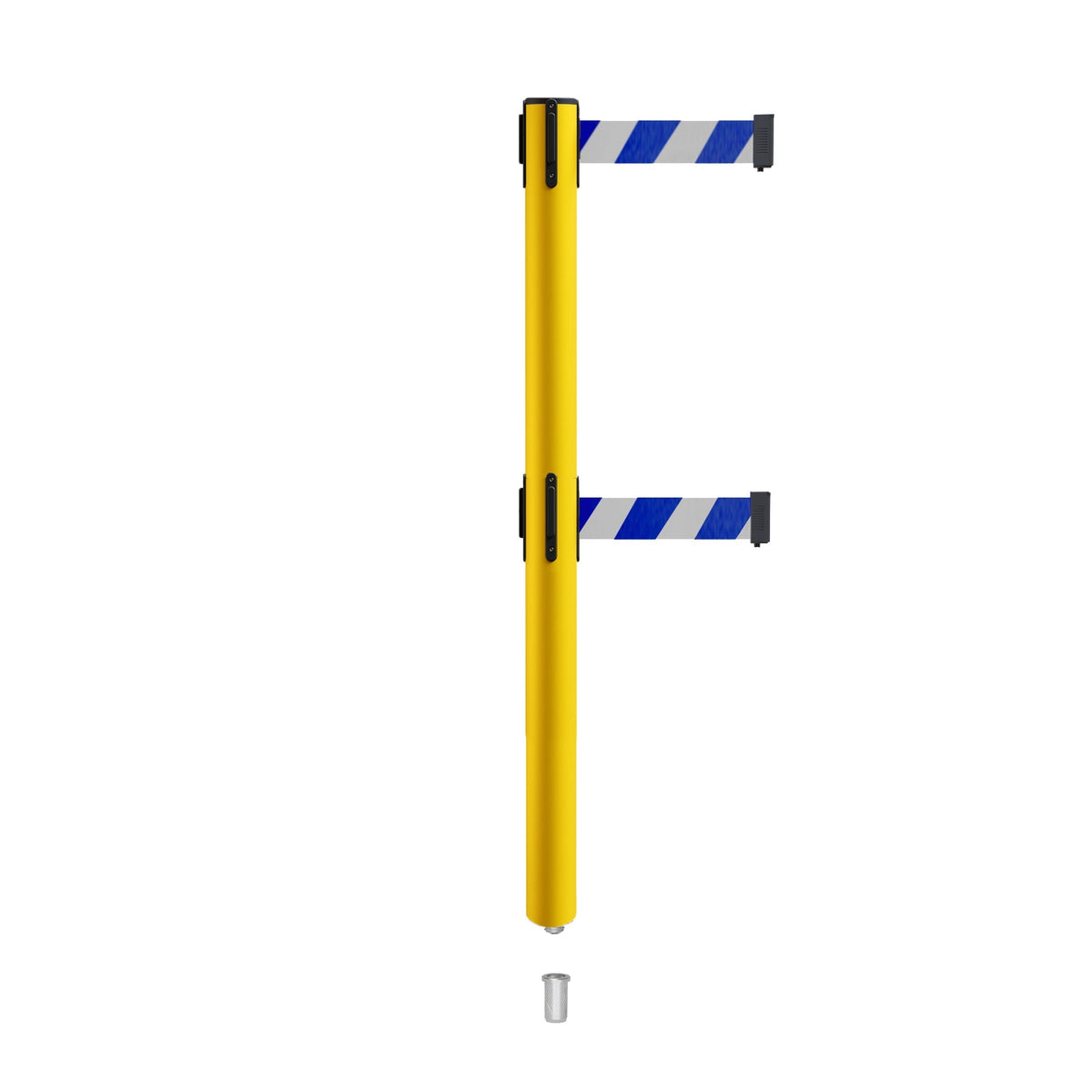 Retractable Dual Belt Barrier Stanchion, Mini Socket Base, Yellow Post, 11 ft Belt - Montour Line MSX630DSK - Crowd Control Warehouse