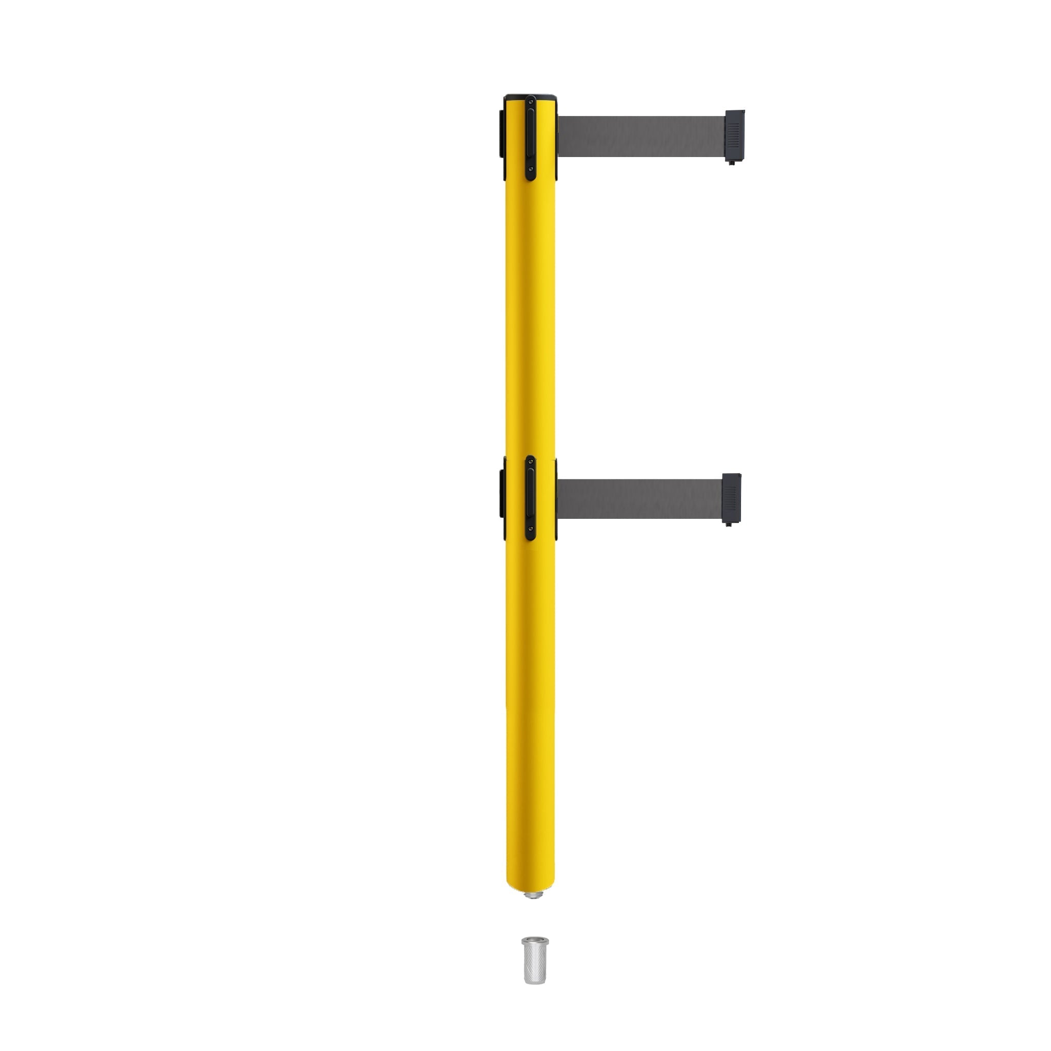 Retractable Dual Belt Barrier Stanchion, Mini Socket Base, Yellow Post, 11 ft Belt - Montour Line MSX630DSK - Crowd Control Warehouse