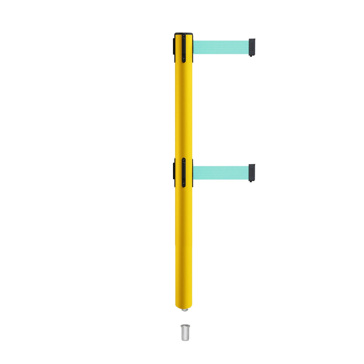 Retractable Dual Belt Barrier Stanchion, Mini Socket Base, Yellow Post, 11 ft Belt - Montour Line MSX630DSK - Crowd Control Warehouse
