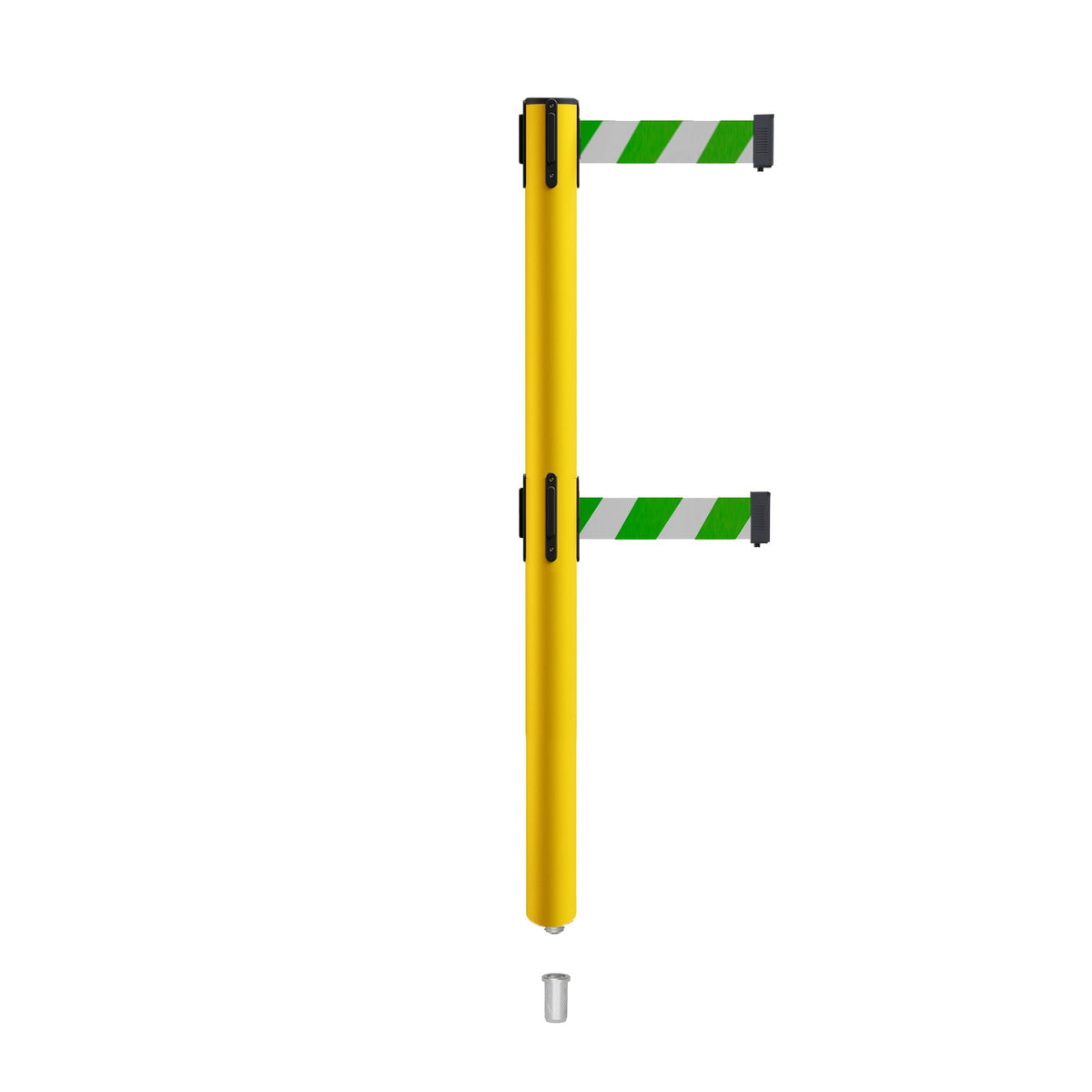 Retractable Dual Belt Barrier Stanchion, Mini Socket Base, Yellow Post, 11 ft Belt - Montour Line MSX630DSK - Crowd Control Warehouse