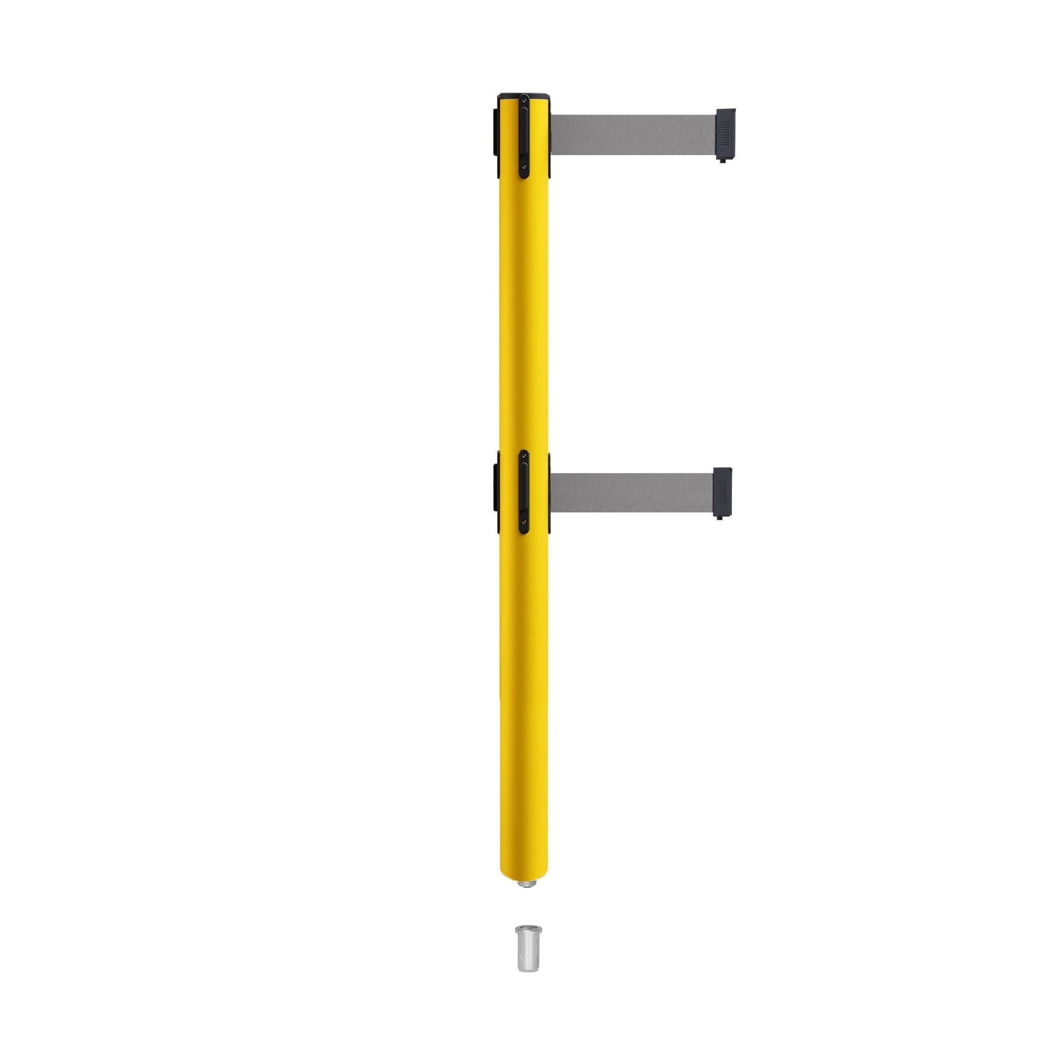 Retractable Dual Belt Barrier Stanchion, Mini Socket Base, Yellow Post, 13 ft Belt - Montour Line MSX630DSK - Crowd Control Warehouse