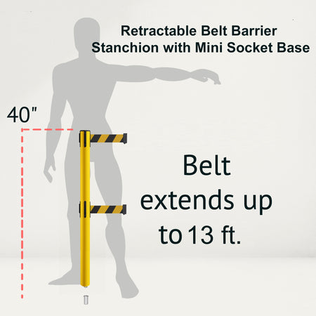 Retractable Dual Belt Barrier Stanchion, Mini Socket Base, Yellow Post, 13 ft Belt - Montour Line MSX630DSK - Crowd Control Warehouse