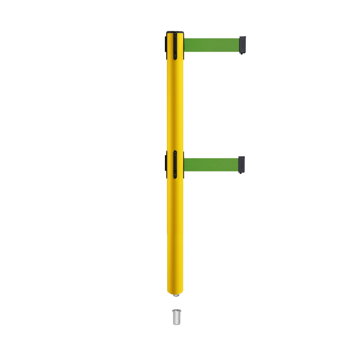 Retractable Dual Belt Barrier Stanchion, Mini Socket Base, Yellow Post, 13 ft Belt - Montour Line MSX630DSK - Crowd Control Warehouse