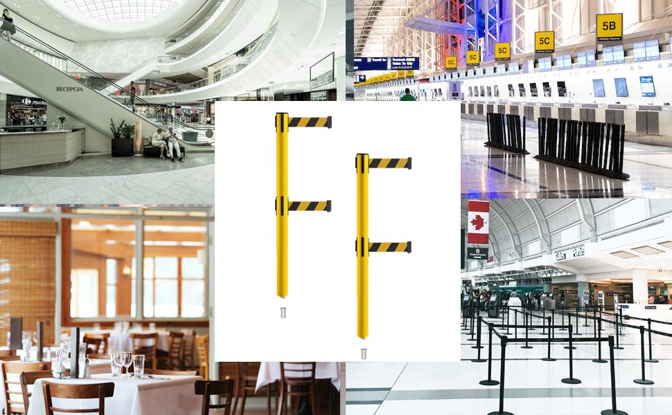 Retractable Dual Belt Barrier Stanchion, Mini Socket Base, Yellow Post, 13 ft Belt - Montour Line MSX630DSK - Crowd Control Warehouse