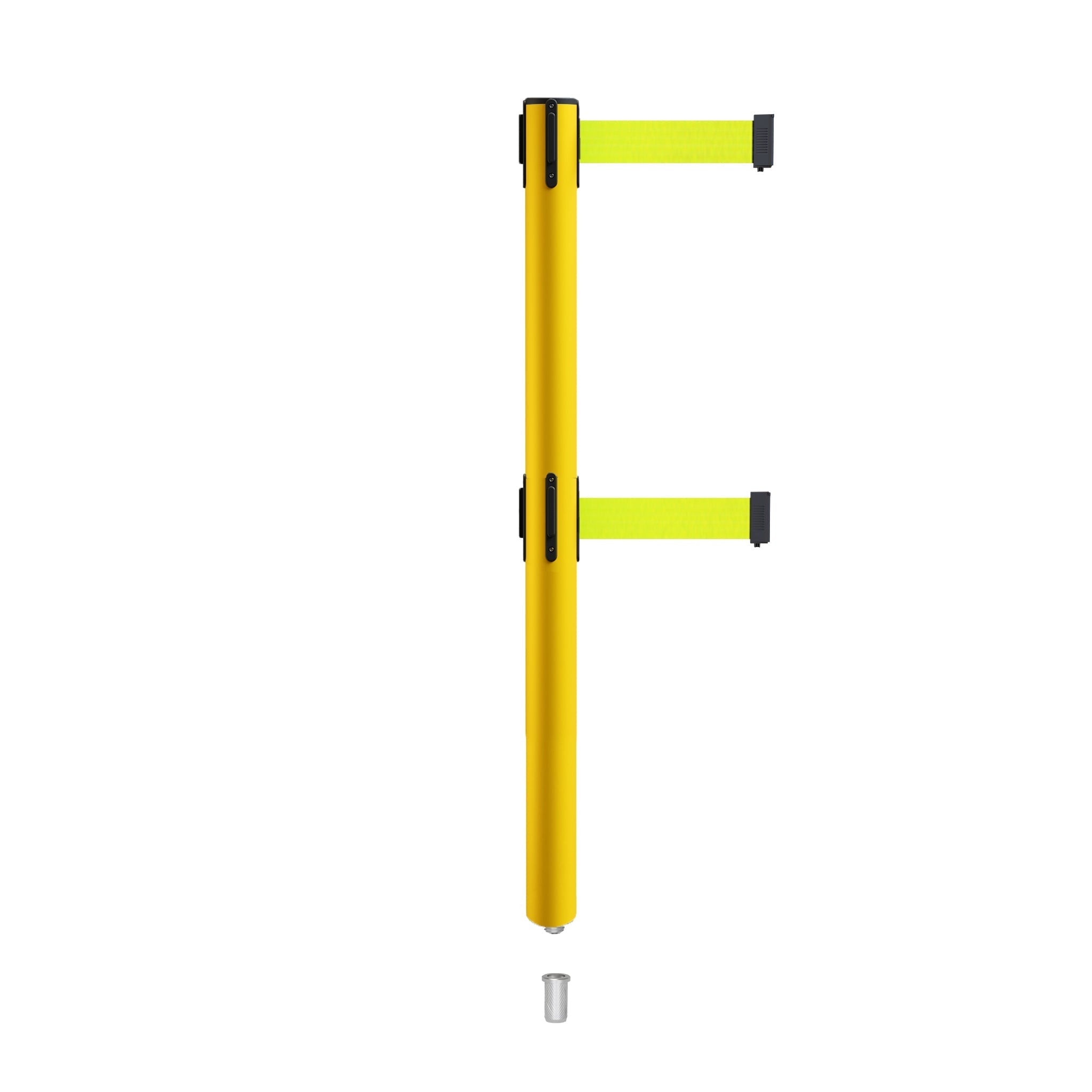 Retractable Dual Belt Barrier Stanchion, Mini Socket Base, Yellow Post, 7.5 ft Belt - Montour Line MSX630DSK - Crowd Control Warehouse