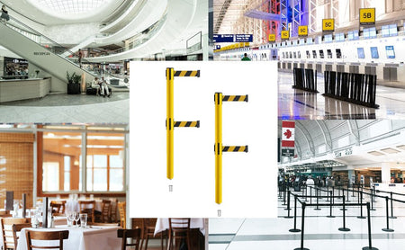 Retractable Dual Belt Barrier Stanchion, Mini Socket Base, Yellow Post, 7.5 ft Belt - Montour Line MSX630DSK - Crowd Control Warehouse