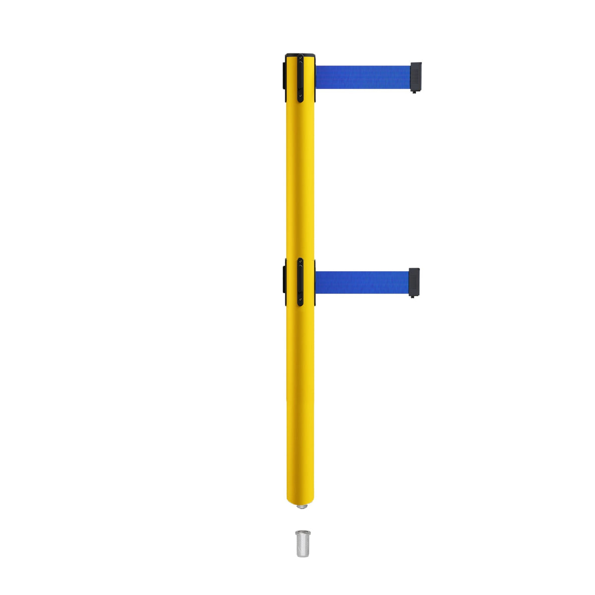Retractable Dual Belt Barrier Stanchion, Mini Socket Base, Yellow Post, 7.5 ft Belt - Montour Line MSX630DSK - Crowd Control Warehouse