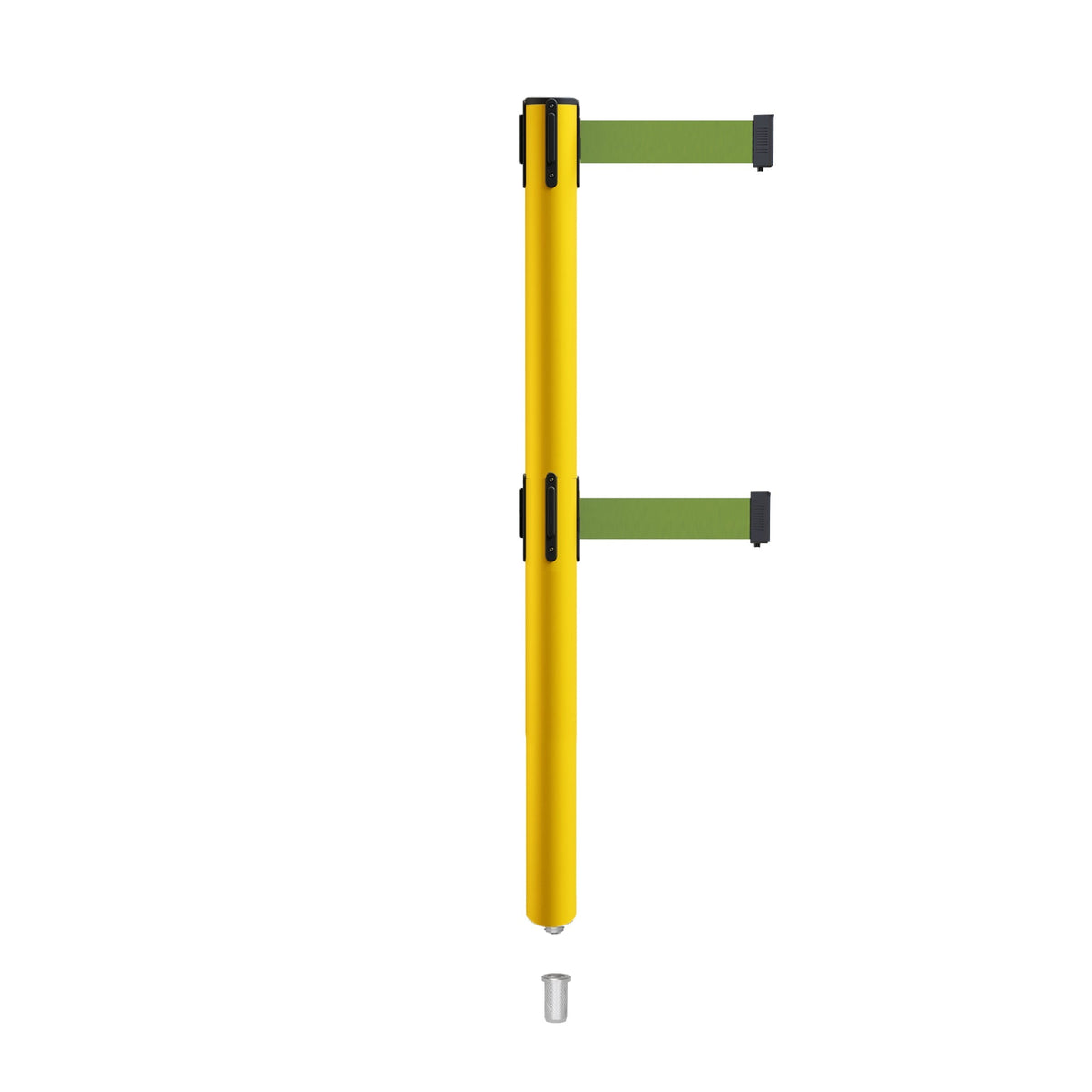 Retractable Dual Belt Barrier Stanchion, Mini Socket Base, Yellow Post, 9 ft Belt - Montour Line MSX630DSK - Crowd Control Warehouse