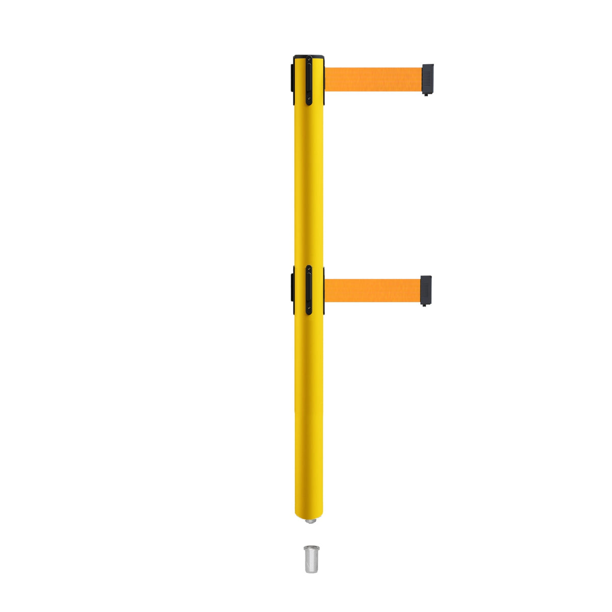 Retractable Dual Belt Barrier Stanchion, Mini Socket Base, Yellow Post, 9 ft Belt - Montour Line MSX630DSK - Crowd Control Warehouse