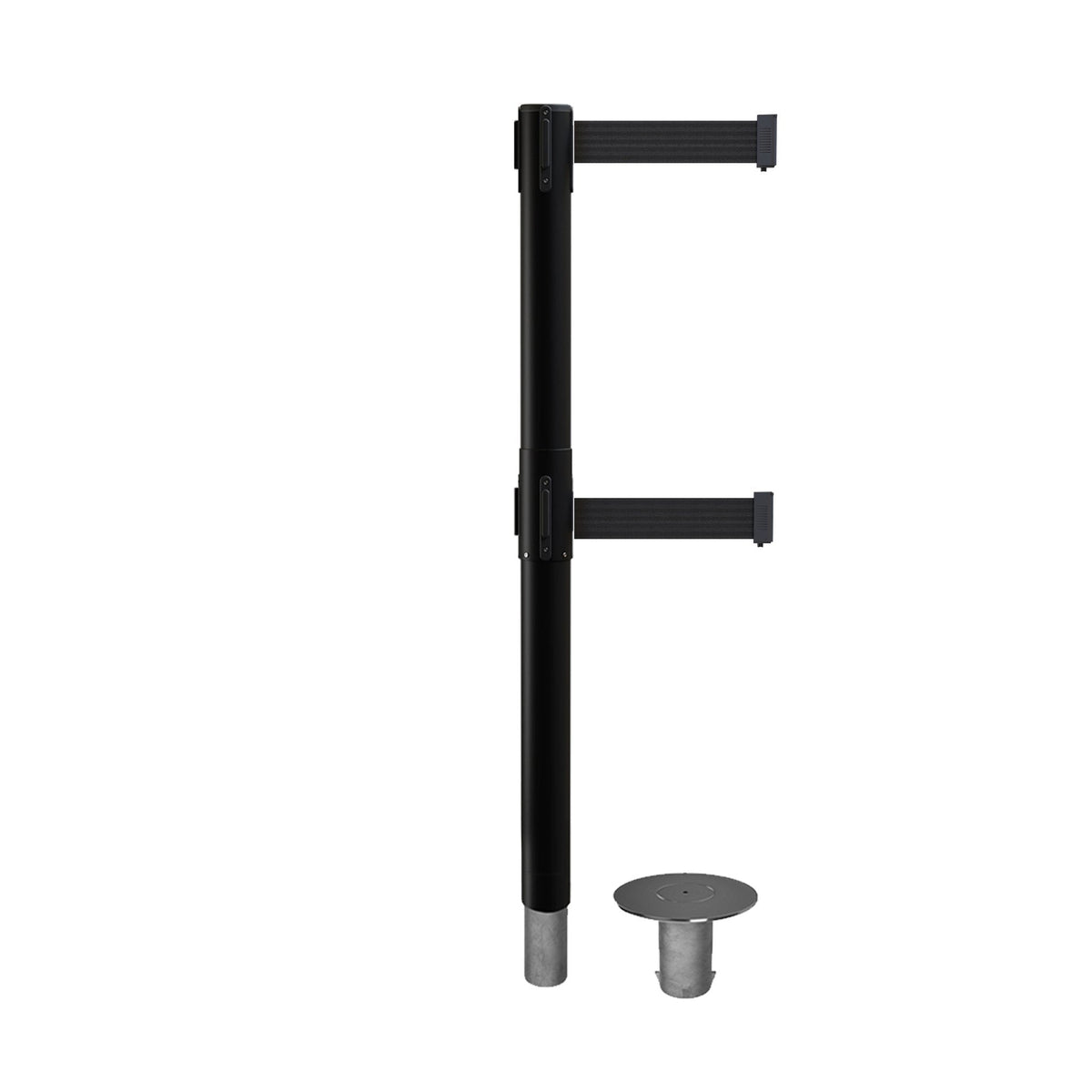 Retractable Dual Belt Barrier Stanchion, Removable Base, Black Post, 11 Ft. Belt - Montour Line MX630DR - Crowd Control Warehouse