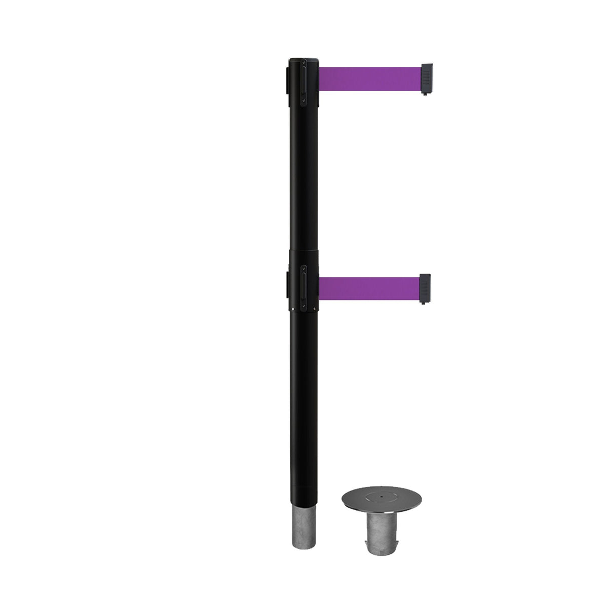 Retractable Dual Belt Barrier Stanchion, Removable Base, Black Post, 11 Ft. Belt - Montour Line MX630DR - Crowd Control Warehouse