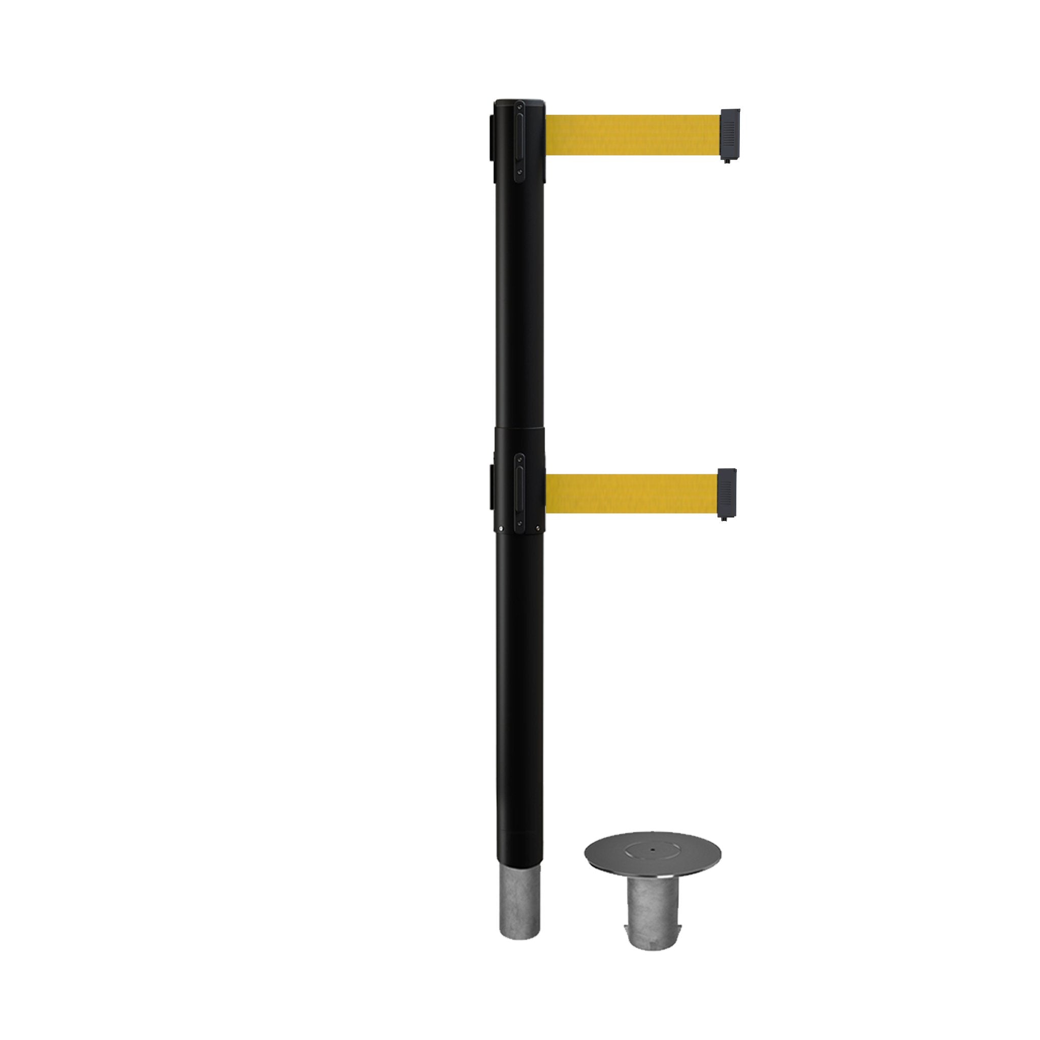 Retractable Dual Belt Barrier Stanchion, Removable Base, Black Post, 11 Ft. Belt - Montour Line MX630DR - Crowd Control Warehouse