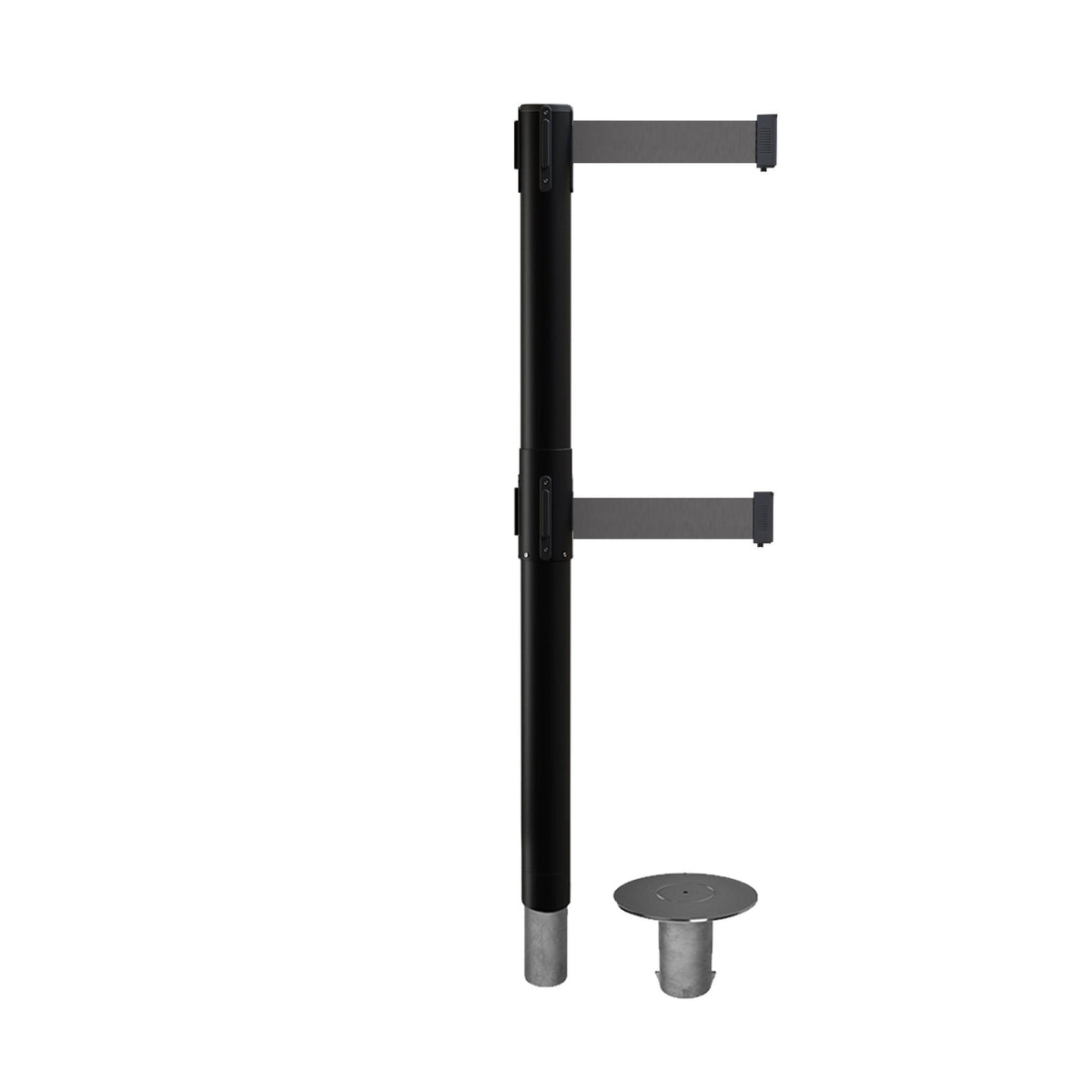 Retractable Dual Belt Barrier Stanchion, Removable Base, Black Post, 11 Ft. Belt - Montour Line MX630DR - Crowd Control Warehouse