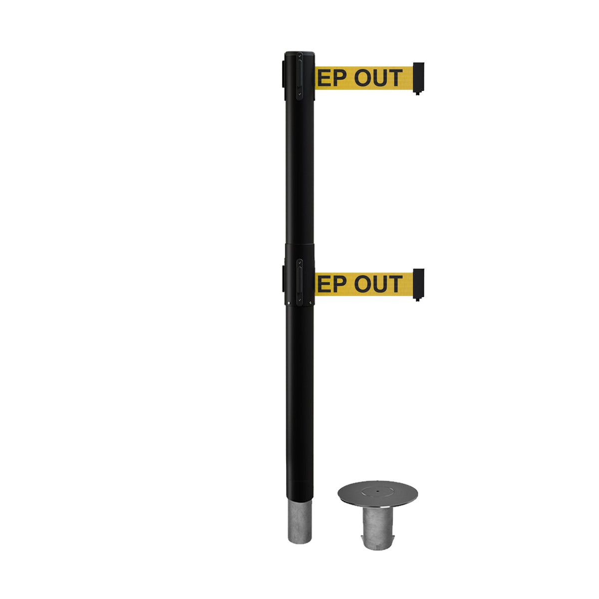 Retractable Dual Belt Barrier Stanchion, Removable Base, Black Post, 11 Ft. Belt - Montour Line MX630DR - Crowd Control Warehouse