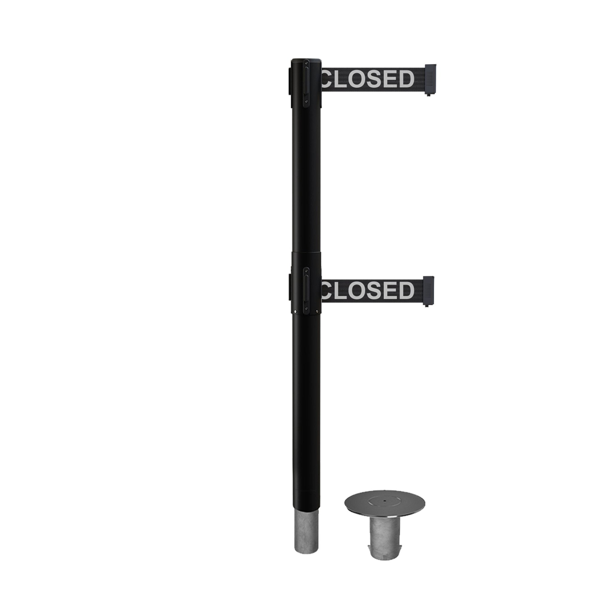 Retractable Dual Belt Barrier Stanchion, Removable Base, Black Post, 11 Ft. Belt - Montour Line MX630DR - Crowd Control Warehouse