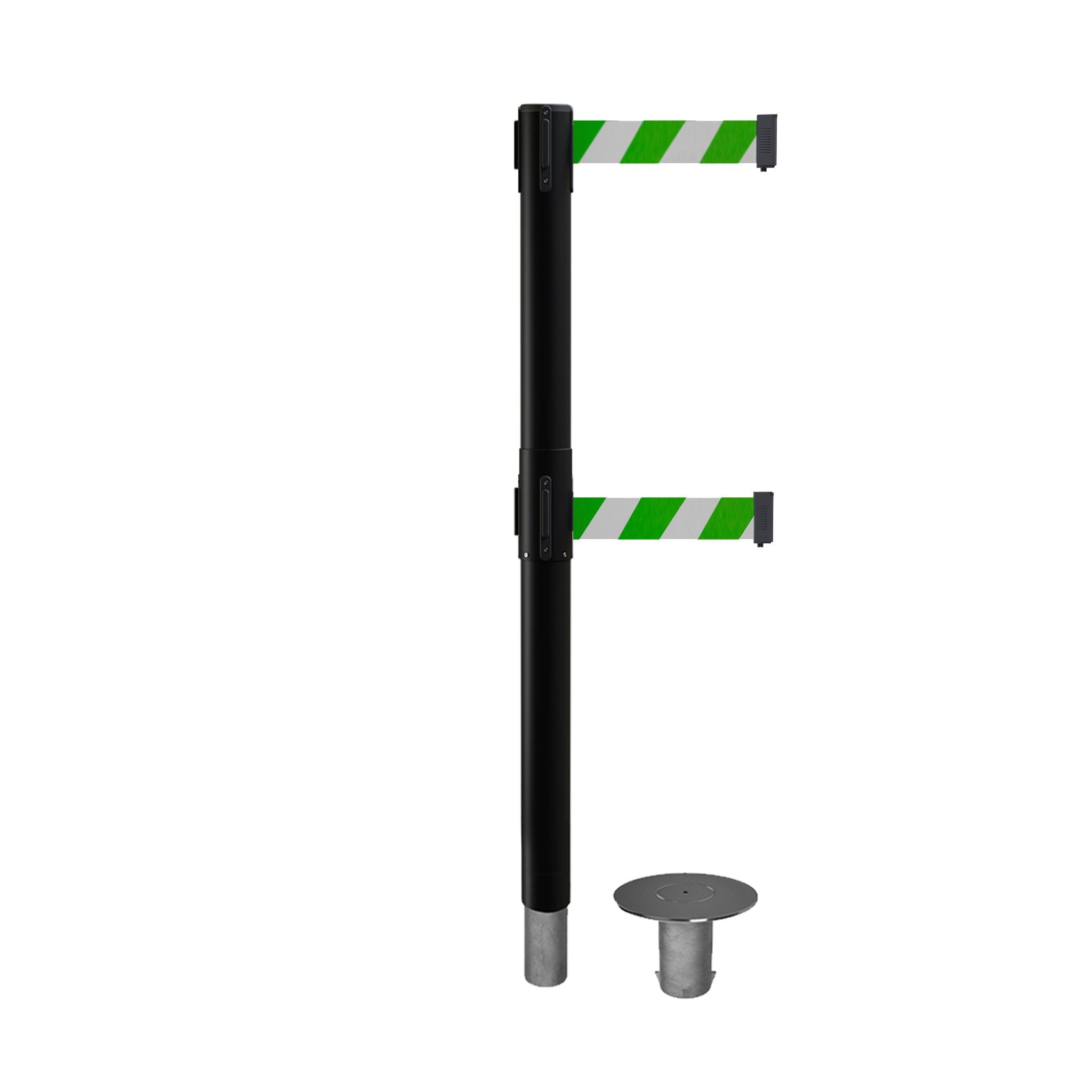 Retractable Dual Belt Barrier Stanchion, Removable Base, Black Post, 11 Ft. Belt - Montour Line MX630DR - Crowd Control Warehouse