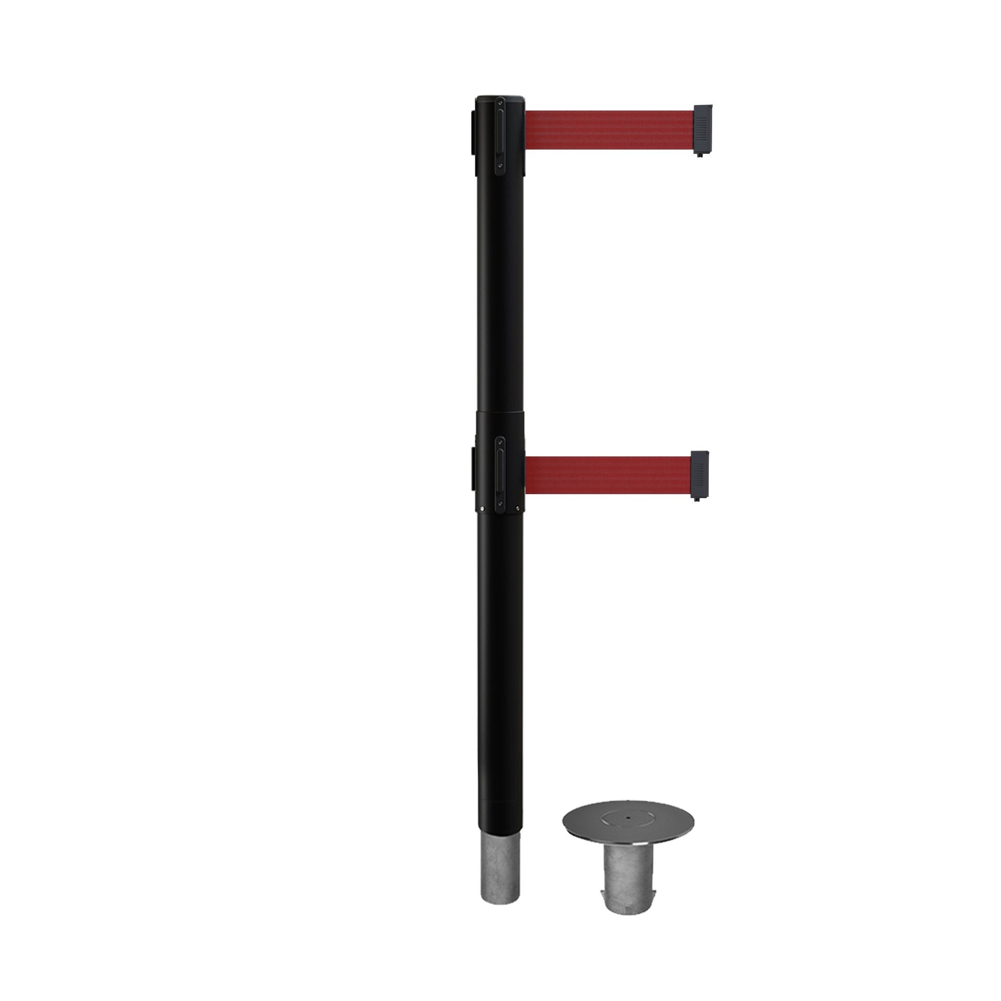 Retractable Dual Belt Barrier Stanchion, Removable Base, Black Post, 7.5 Ft. Belt - Montour Line MX630DR - Crowd Control Warehouse