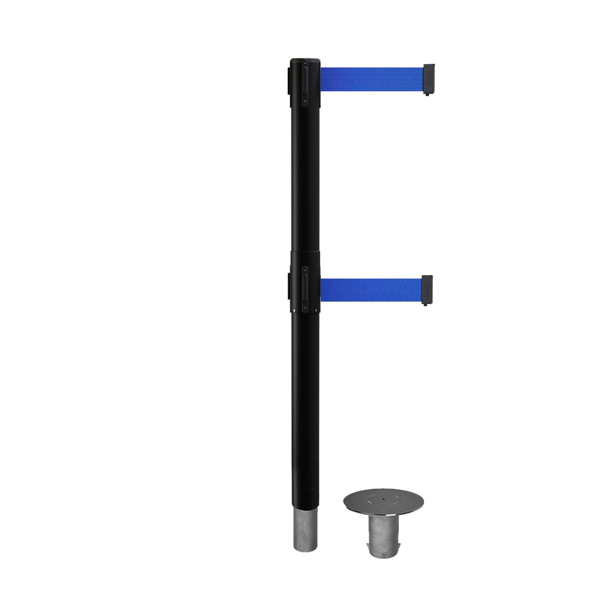 Retractable Dual Belt Barrier Stanchion, Removable Base, Black Post, 7.5 Ft. Belt - Montour Line MX630DR - Crowd Control Warehouse