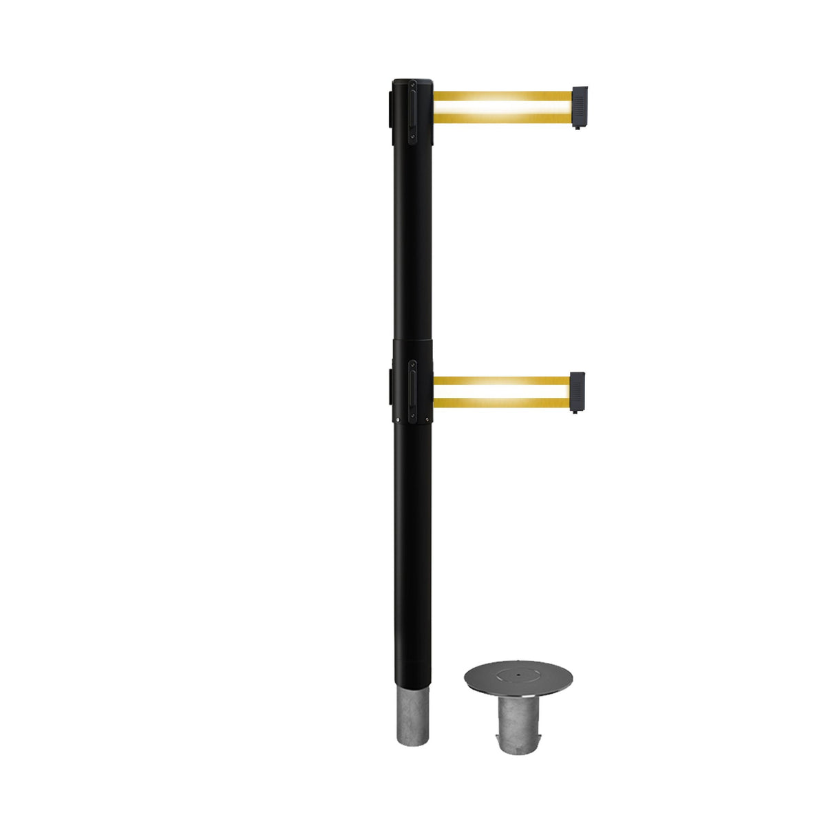 Retractable Dual Belt Barrier Stanchion, Removable Base, Black Post, 7.5 Ft. Belt - Montour Line MX630DR - Crowd Control Warehouse