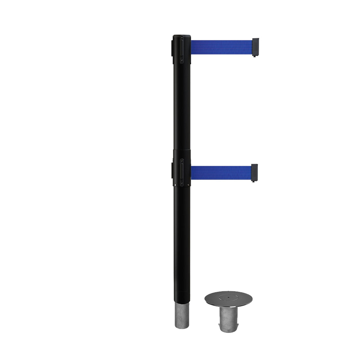 Retractable Dual Belt Barrier Stanchion, Removable Base, Black Post, 7.5 Ft. Belt - Montour Line MX630DR - Crowd Control Warehouse