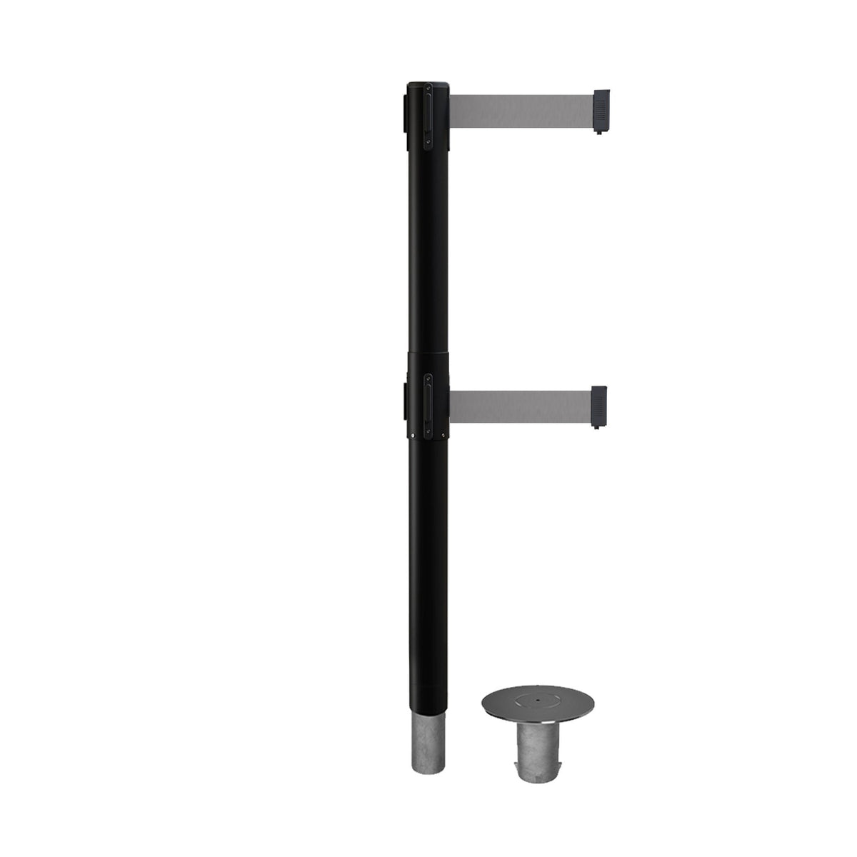 Retractable Dual Belt Barrier Stanchion, Removable Base, Black Post, 7.5 Ft. Belt - Montour Line MX630DR - Crowd Control Warehouse
