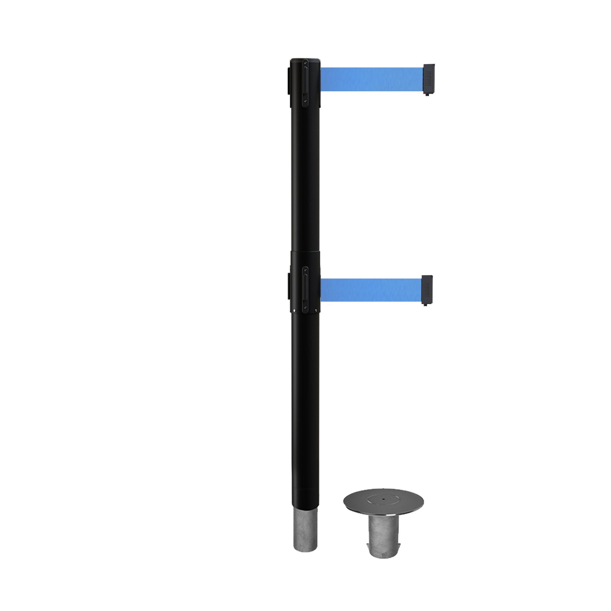 Retractable Dual Belt Barrier Stanchion, Removable Base, Black Post, 7.5 Ft. Belt - Montour Line MX630DR - Crowd Control Warehouse