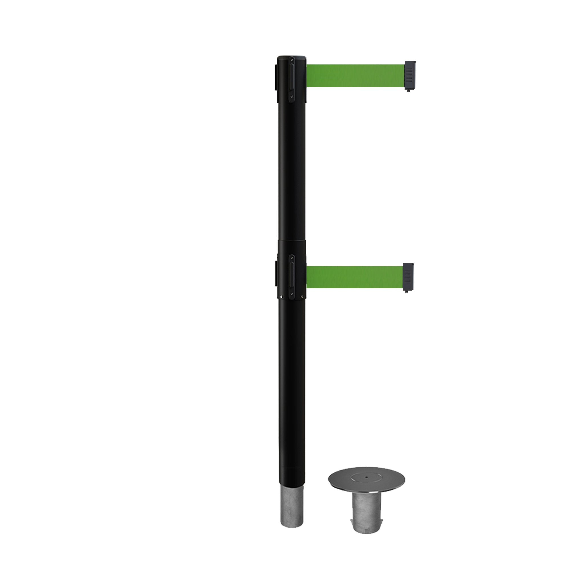 Retractable Dual Belt Barrier Stanchion, Removable Base, Black Post, 9 Ft. Belt - Montour Line MX630DR - Crowd Control Warehouse