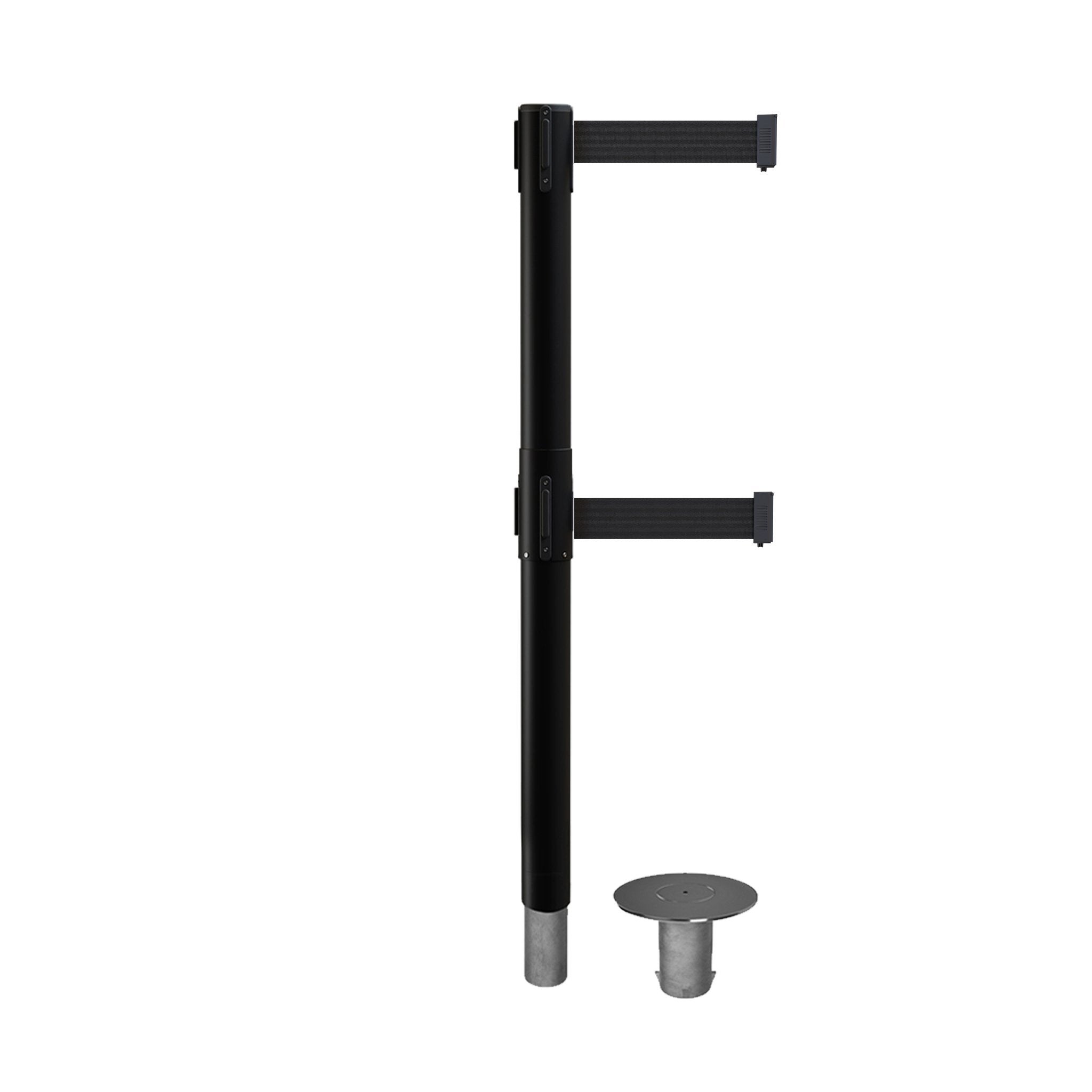 Retractable Dual Belt Barrier Stanchion, Removable Base, Black Post, 9 Ft. Belt - Montour Line MX630DR - Crowd Control Warehouse