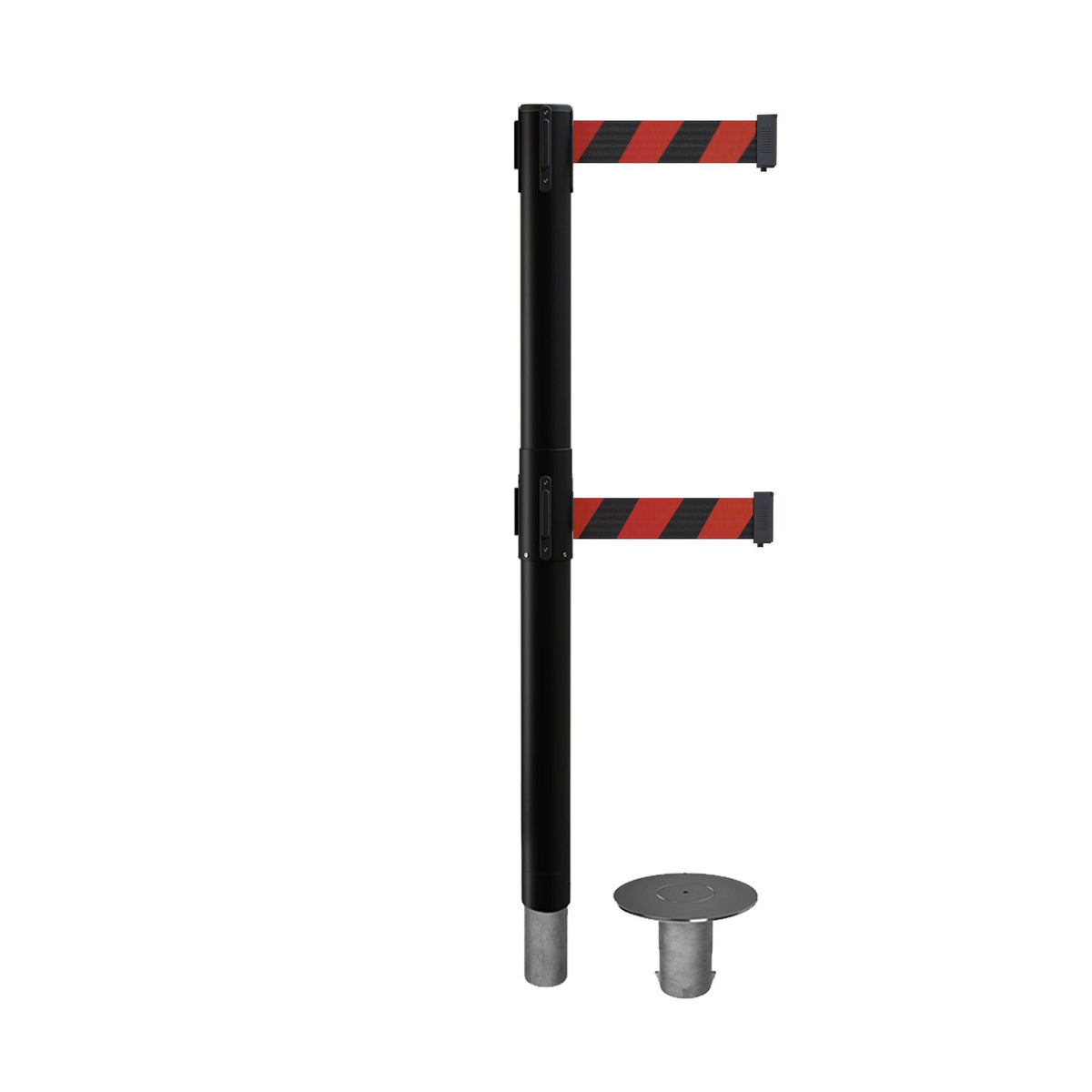 Retractable Dual Belt Barrier Stanchion, Removable Base, Black Post, 9 Ft. Belt - Montour Line MX630DR - Crowd Control Warehouse