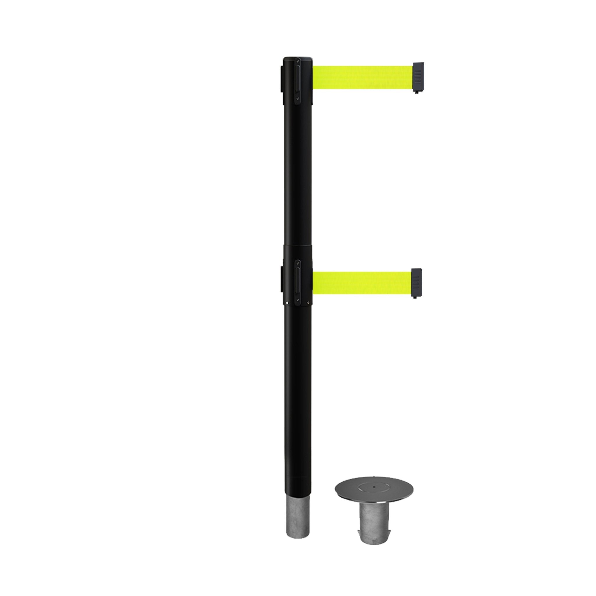 Retractable Dual Belt Barrier Stanchion, Removable Base, Black Post, 9 Ft. Belt - Montour Line MX630DR - Crowd Control Warehouse