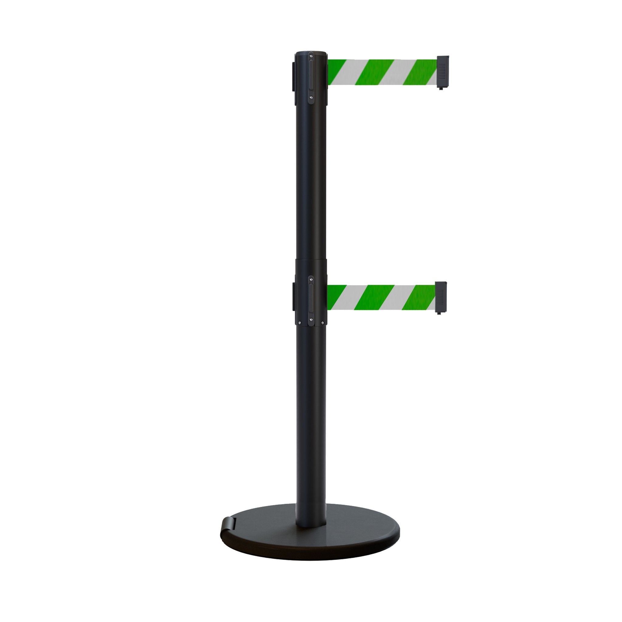 Retractable Dual Belt Barrier Stanchion, Rolling Base, Black Steel Post, 11 ft Belt - Montour Line ME630D - Crowd Control Warehouse