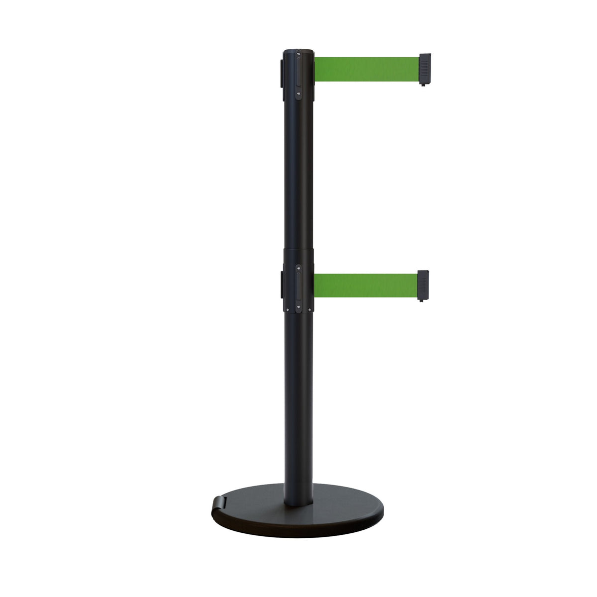 Retractable Dual Belt Barrier Stanchion, Rolling Base, Black Steel Post, 11 ft Belt - Montour Line ME630D - Crowd Control Warehouse