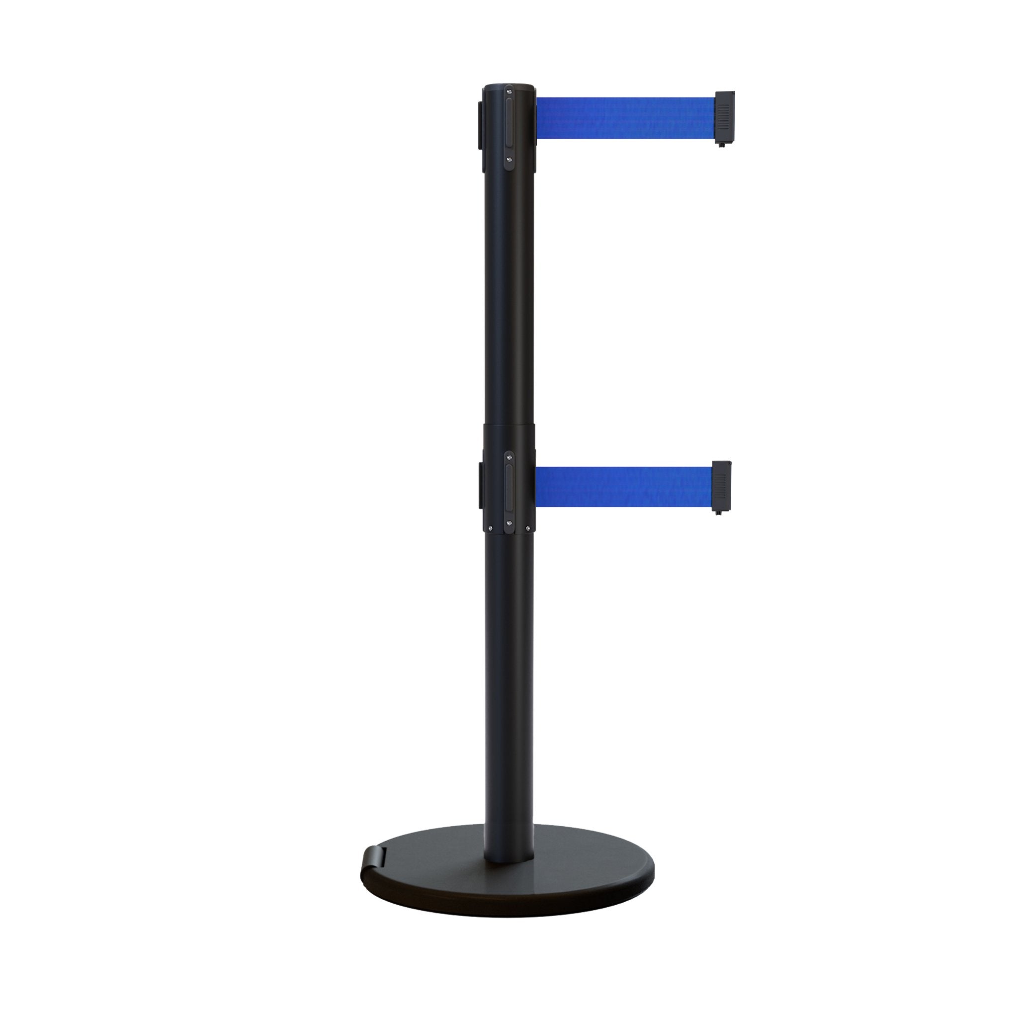 Retractable Dual Belt Barrier Stanchion, Rolling Base, Black Steel Post, 11 ft Belt - Montour Line ME630D - Crowd Control Warehouse