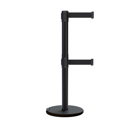 Retractable Dual Belt Barrier Stanchion, Rolling Base, Black Steel Post, 11 ft Belt - Montour Line ME630D - Crowd Control Warehouse