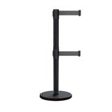 Retractable Dual Belt Barrier Stanchion, Rolling Base, Black Steel Post, 11 ft Belt - Montour Line ME630D - Crowd Control Warehouse