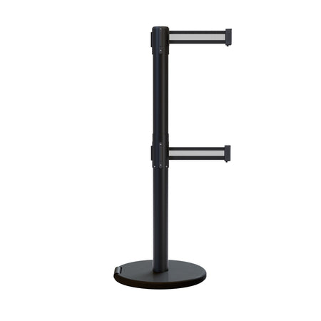 Retractable Dual Belt Barrier Stanchion, Rolling Base, Black Steel Post, 11 ft Belt - Montour Line ME630D - Crowd Control Warehouse