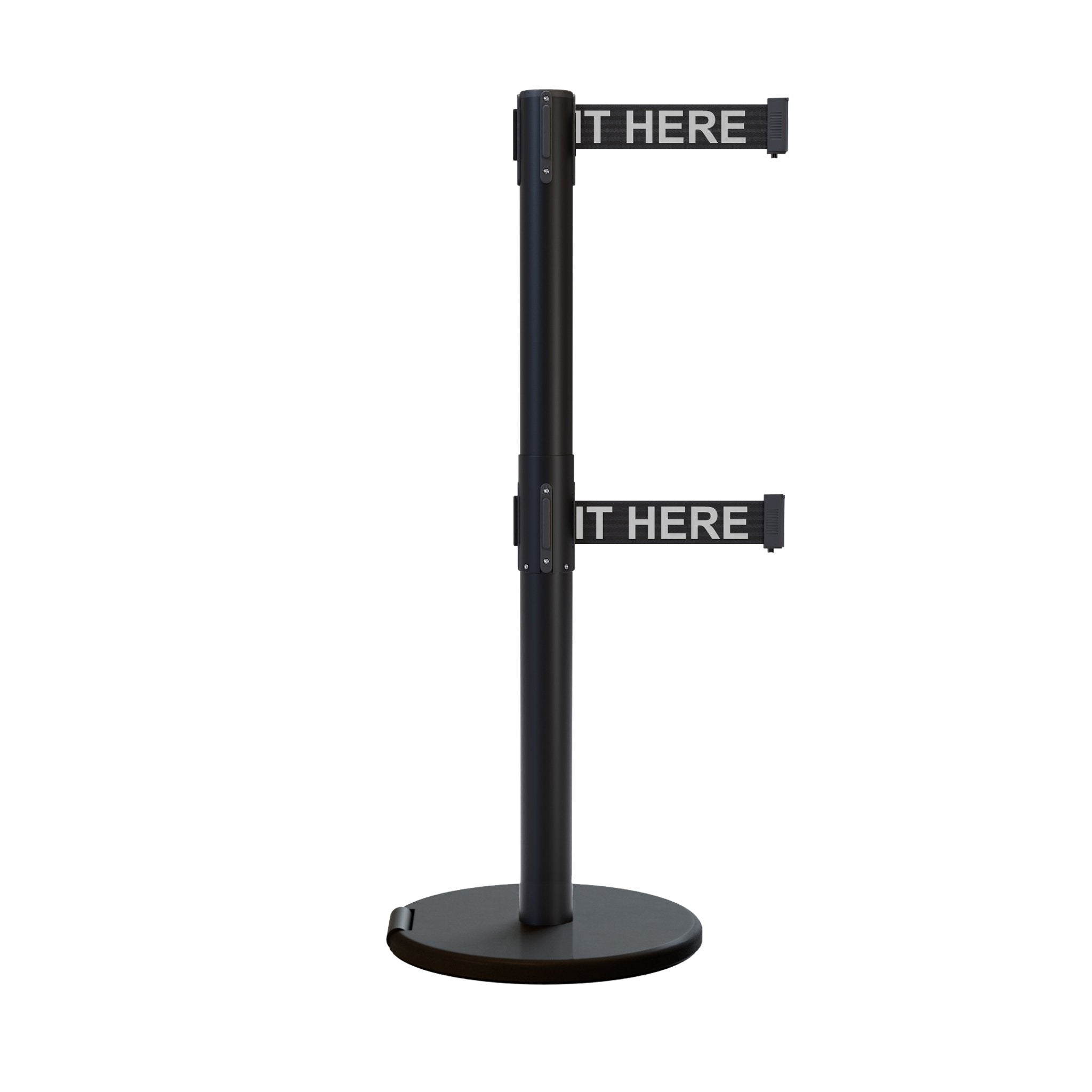 Retractable Dual Belt Barrier Stanchion, Rolling Base, Black Steel Post, 11 ft Belt - Montour Line ME630D - Crowd Control Warehouse
