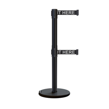 Retractable Dual Belt Barrier Stanchion, Rolling Base, Black Steel Post, 11 ft Belt - Montour Line ME630D - Crowd Control Warehouse