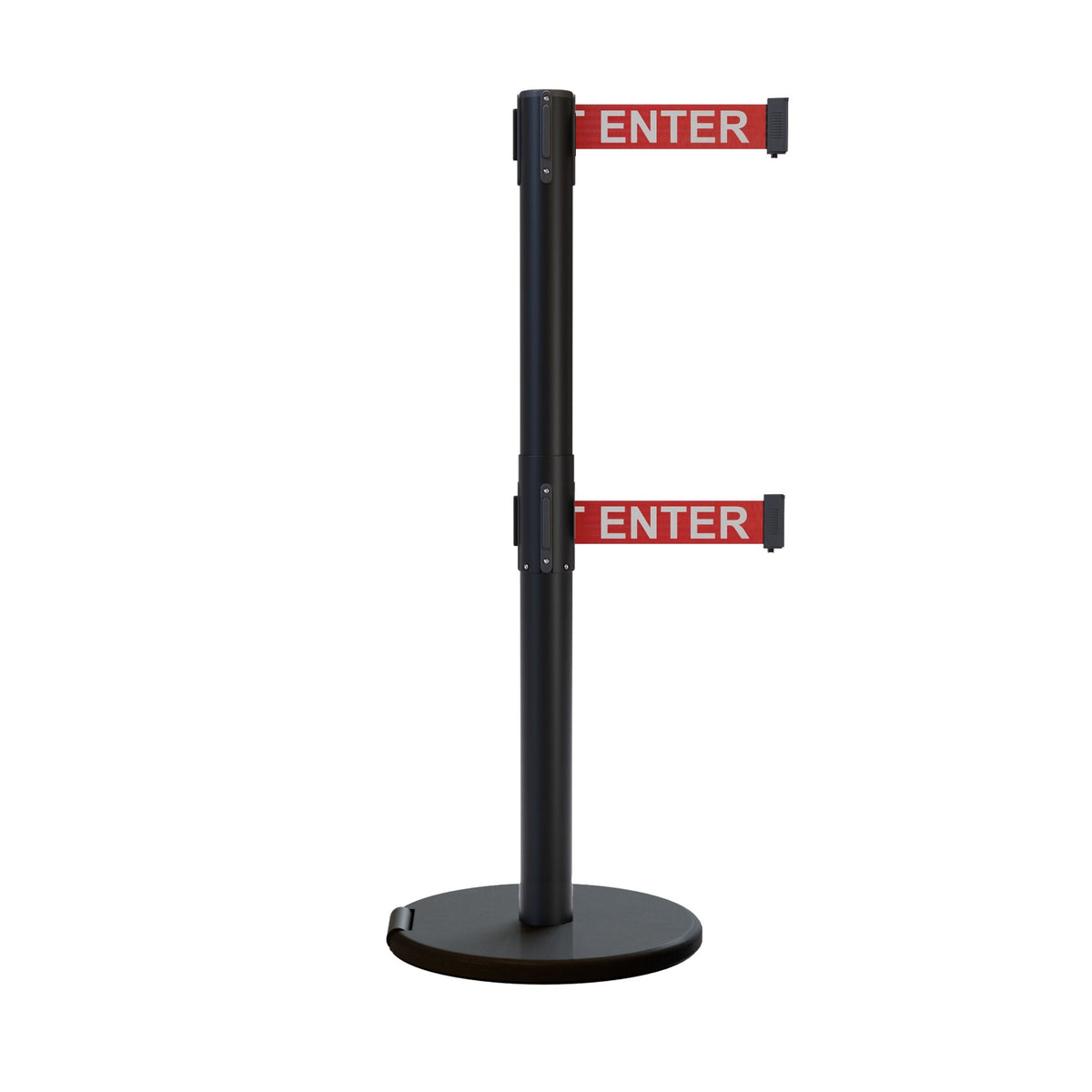 Retractable Dual Belt Barrier Stanchion, Rolling Base, Black Steel Post, 11 ft Belt - Montour Line ME630D - Crowd Control Warehouse