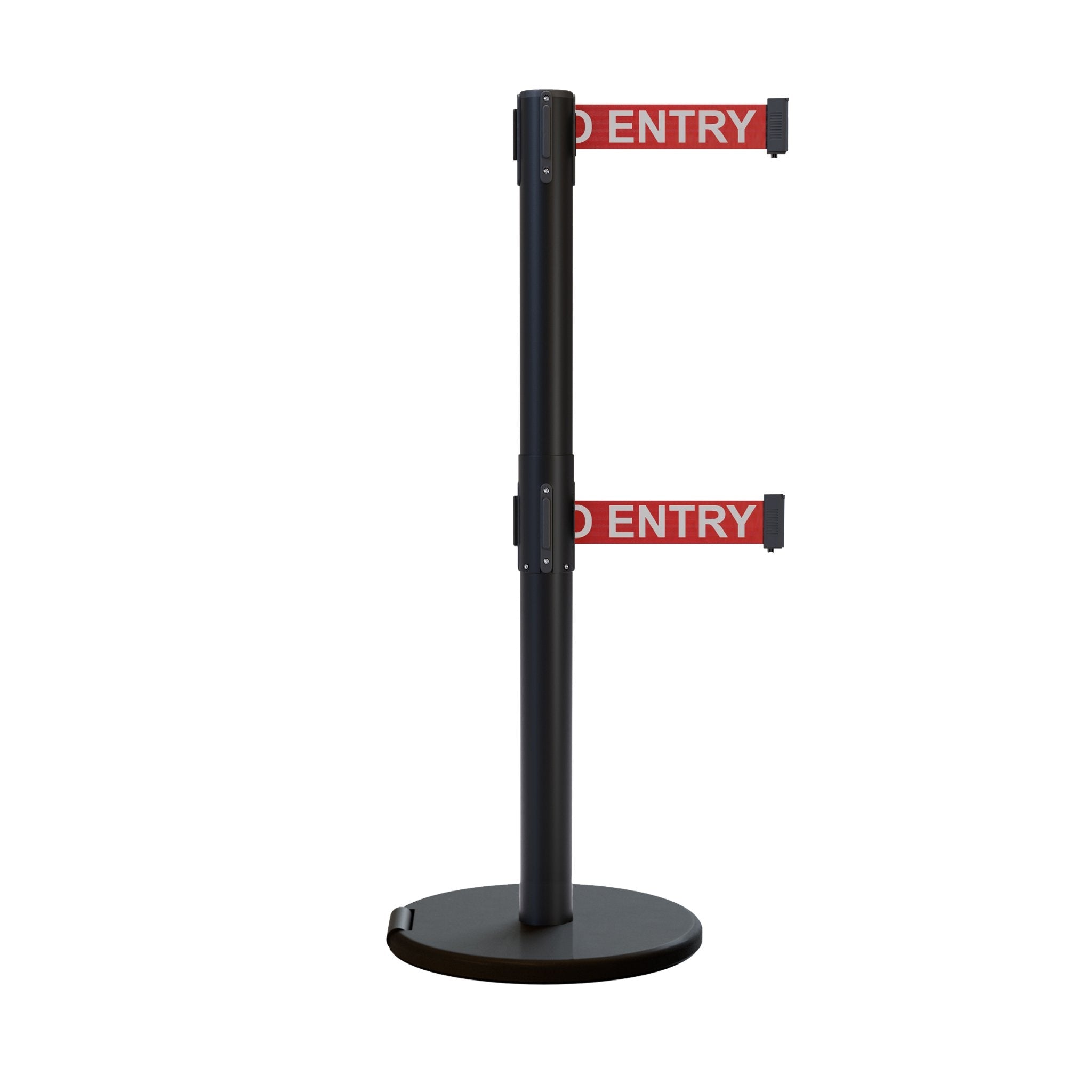 Retractable Dual Belt Barrier Stanchion, Rolling Base, Black Steel Post, 11 ft Belt - Montour Line ME630D - Crowd Control Warehouse