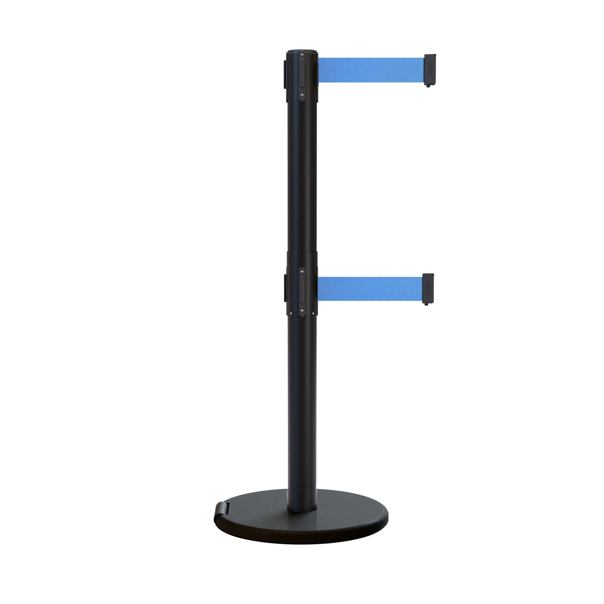 Retractable Dual Belt Barrier Stanchion, Rolling Base, Black Steel Post, 11 ft Belt - Montour Line ME630D - Crowd Control Warehouse