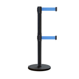 Retractable Dual Belt Barrier Stanchion, Rolling Base, Black Steel Post, 11 ft Belt - Montour Line ME630D - Crowd Control Warehouse