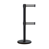 Retractable Dual Belt Barrier Stanchion, Rolling Base, Black Steel Post, 13 ft Belt - Montour Line ME630D - Crowd Control Warehouse