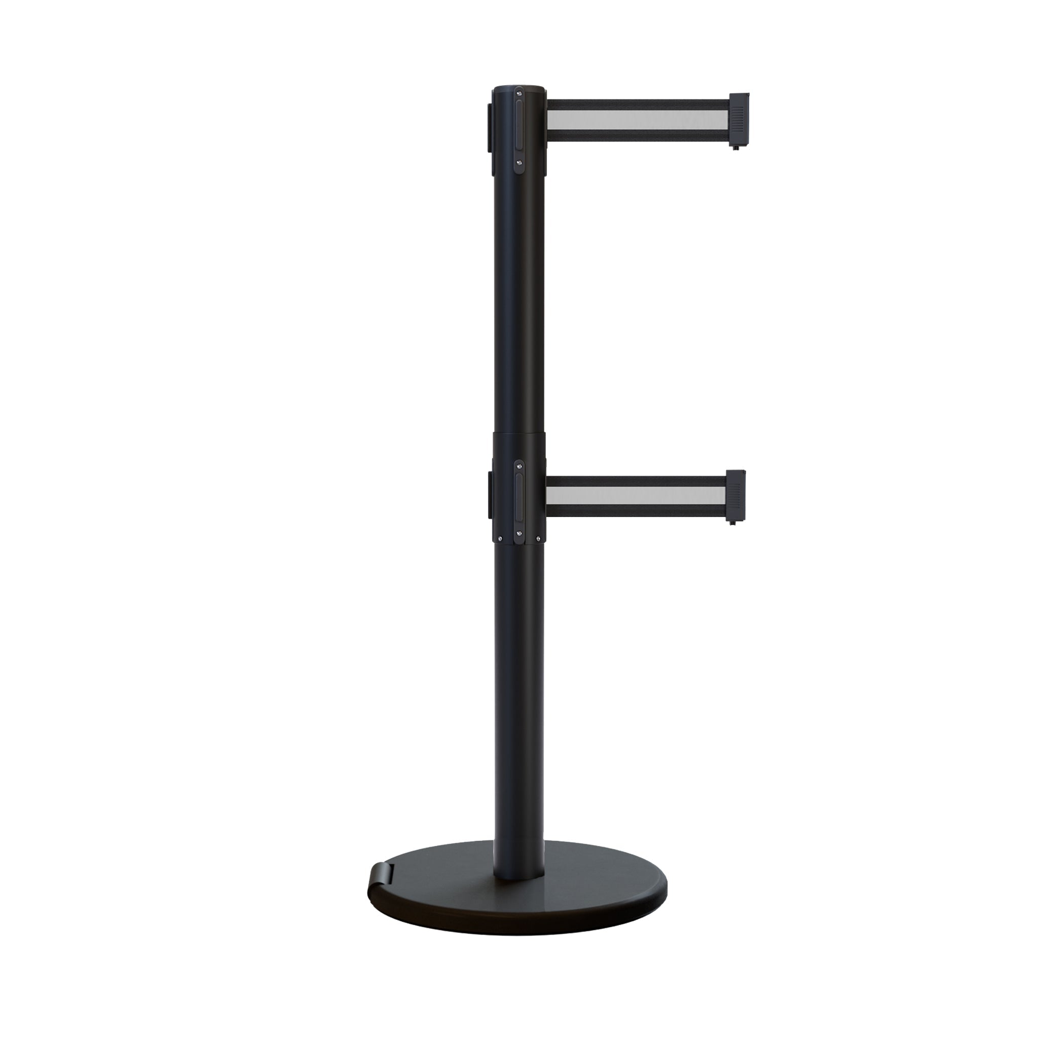 Retractable Dual Belt Barrier Stanchion, Rolling Base, Black Steel Post, 13 ft Belt - Montour Line ME630D - Crowd Control Warehouse