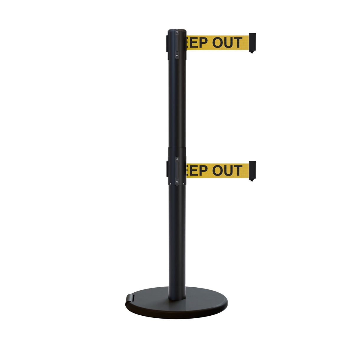 Retractable Dual Belt Barrier Stanchion, Rolling Base, Black Steel Post, 13 ft Belt - Montour Line ME630D - Crowd Control Warehouse