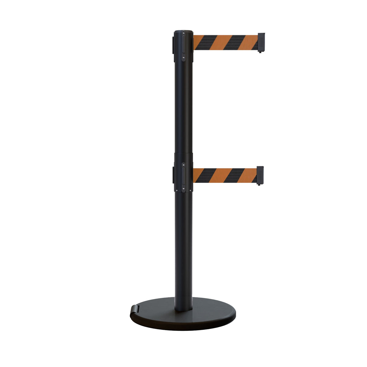 Retractable Dual Belt Barrier Stanchion, Rolling Base, Black Steel Post, 13 ft Belt - Montour Line ME630D - Crowd Control Warehouse